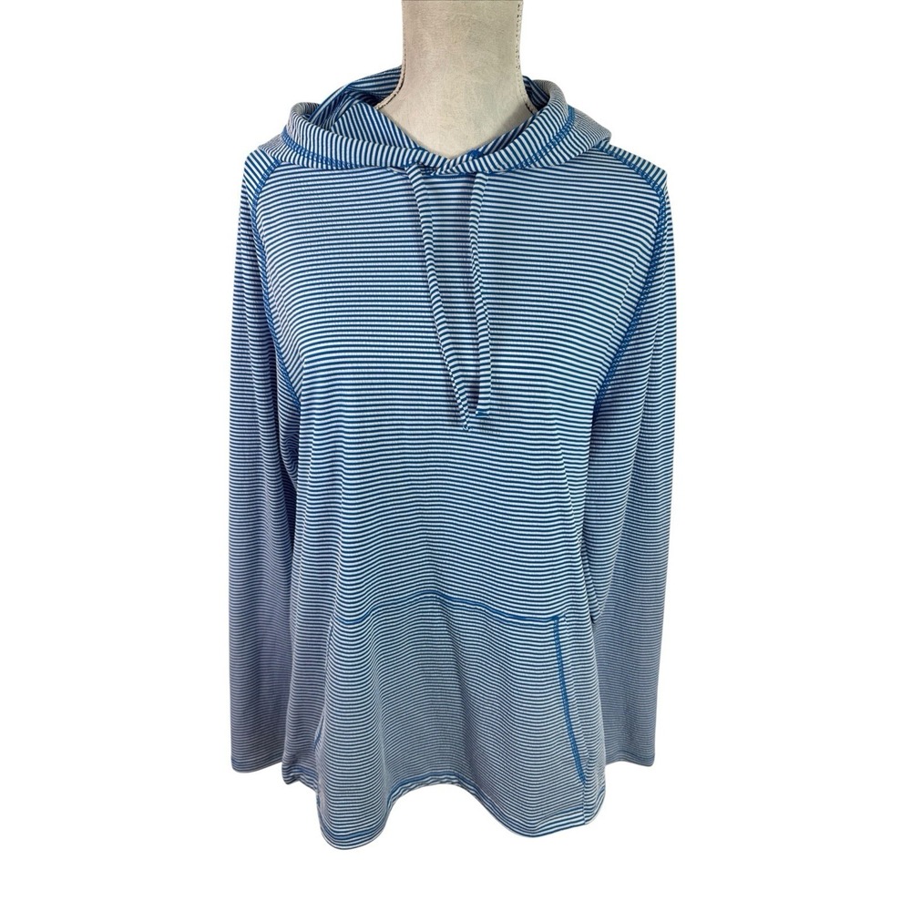 Rhone Women's L Stretch Seersucker Pullover Long Hoodie Blue Striped Euc